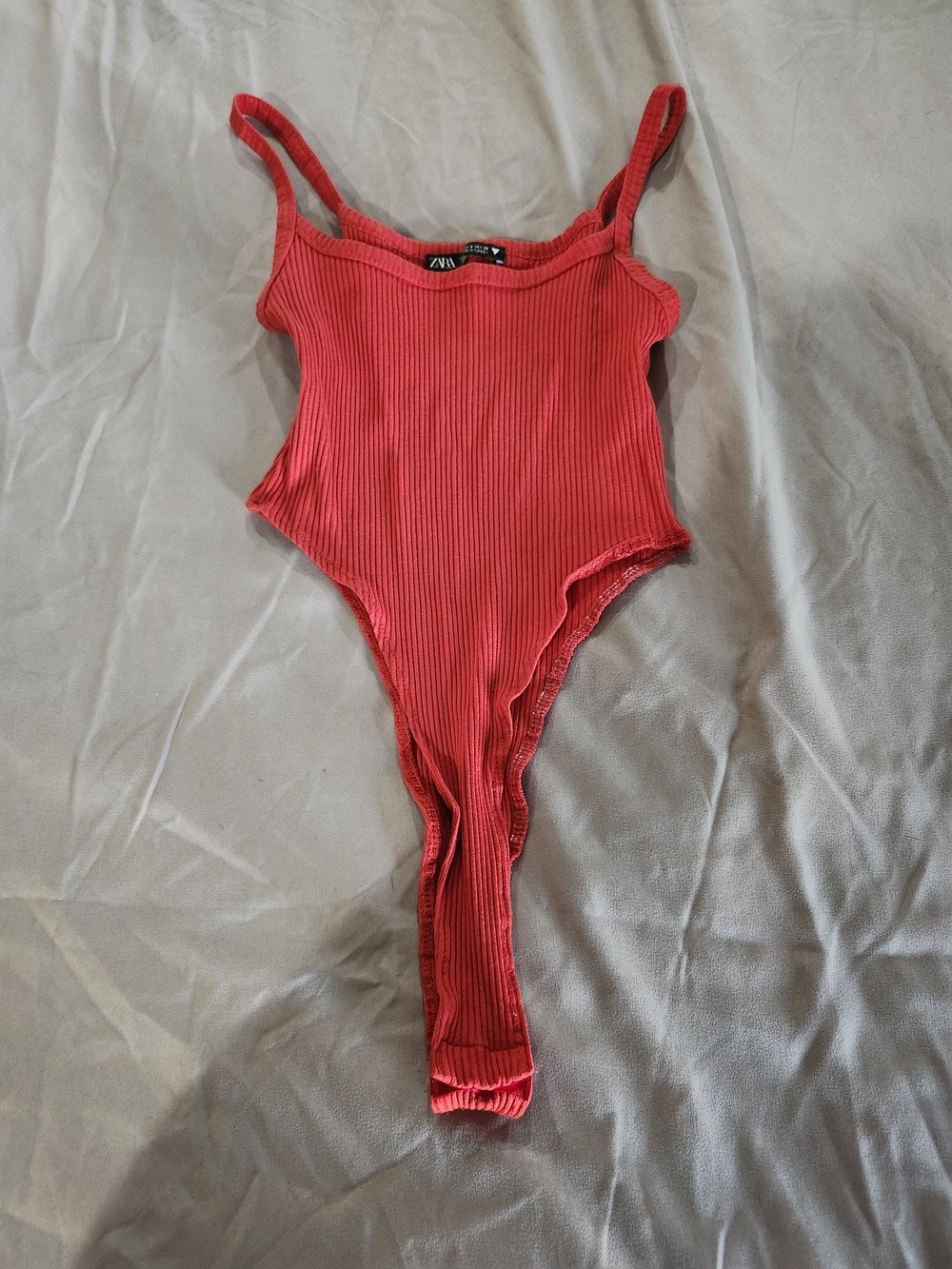 Zara Coral-Red Ribbed Spaghetti-Strap Bodysuit Size Small